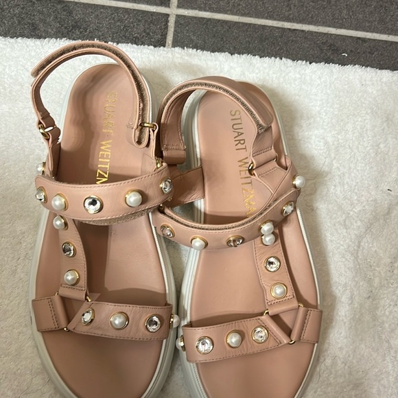 Size 10 STUART WEITZMAN Zoelie Crystal Platform Leather Sandals - Picture 1 of 10